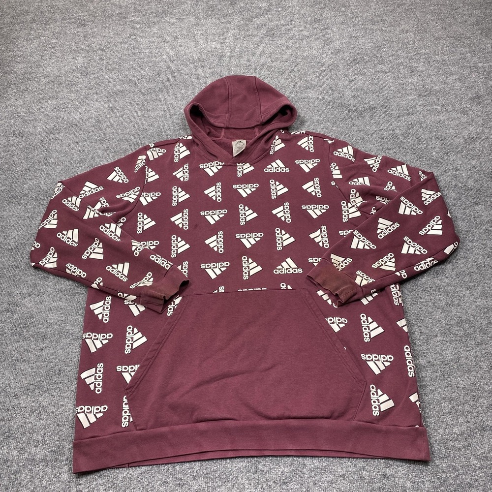 Adidas Hoodie Mens 2XLT Red Pullover Fleece Hooded Graphic Logo All-Over Print